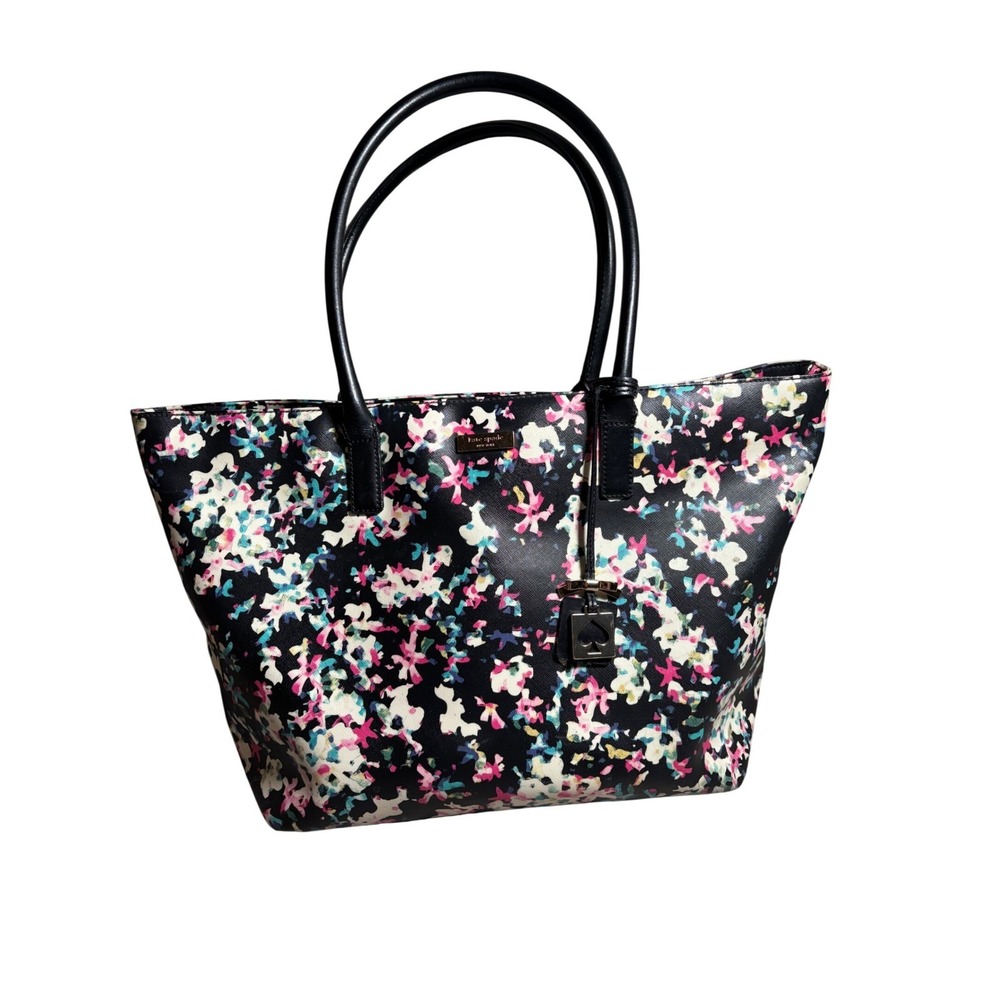 Kate Spade New York Floral Saffiano Tote Bag Black Multi Color Bow Charm Large